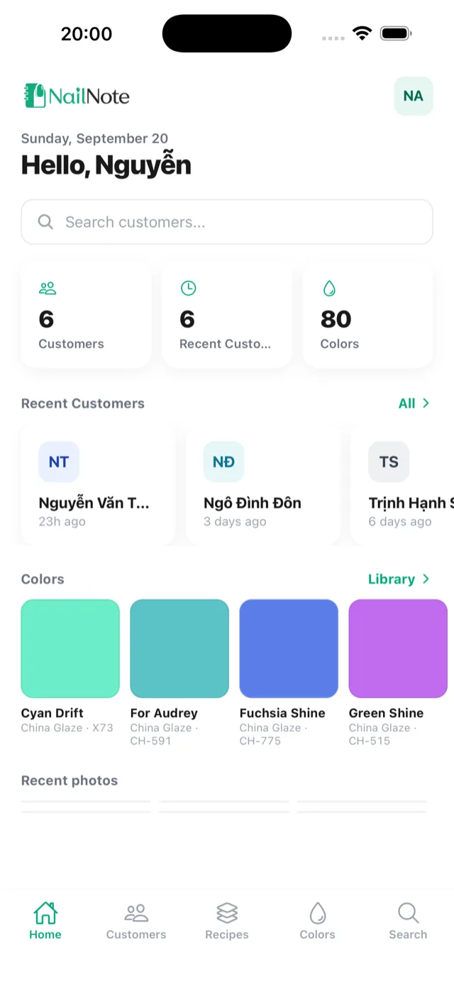 NailNote home screen showing today's visits and quick actions