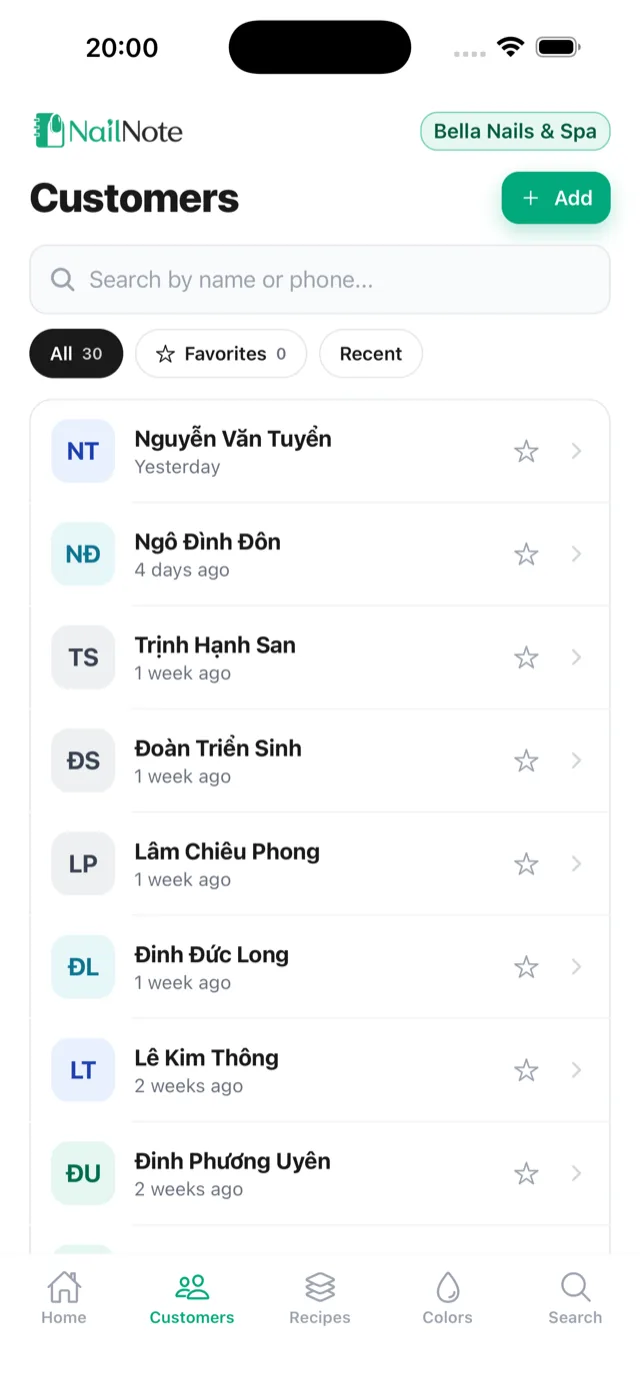 Customer list with search in the NailNote app