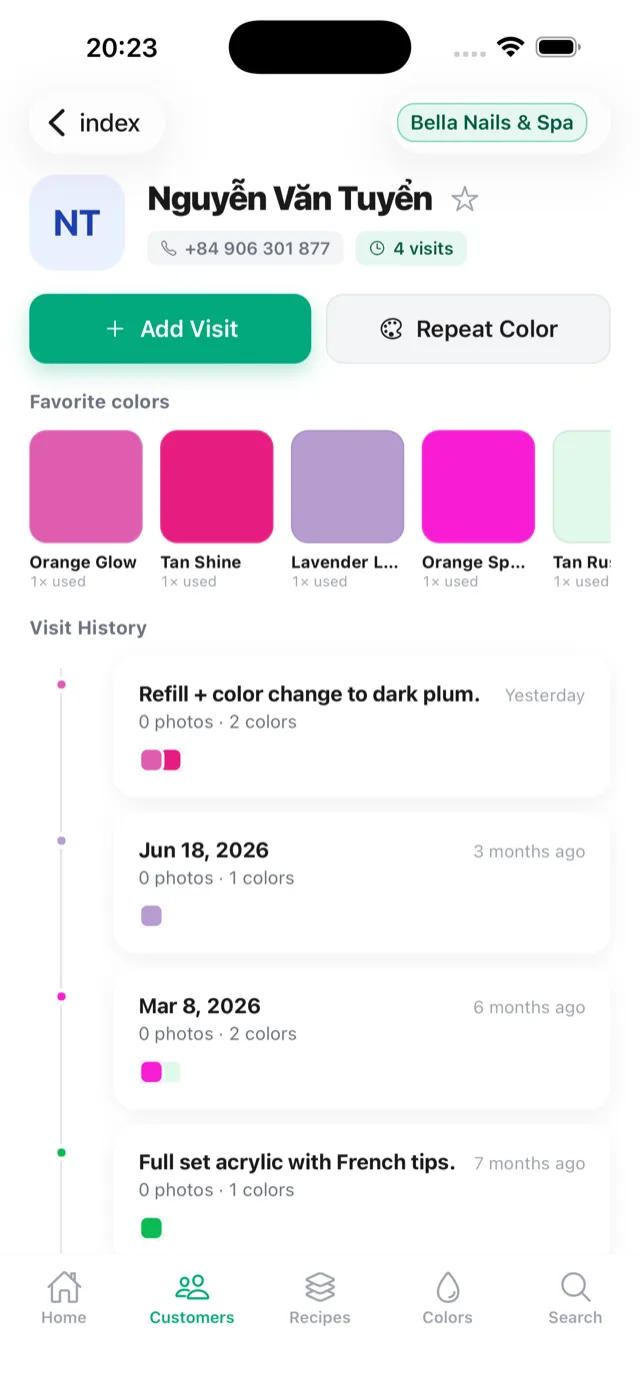 Customer detail with visit history and nail photos
