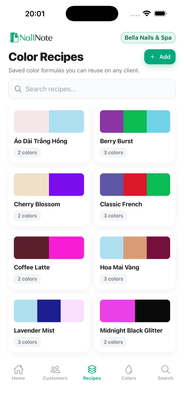 Saved nail color recipes with base and accent colors